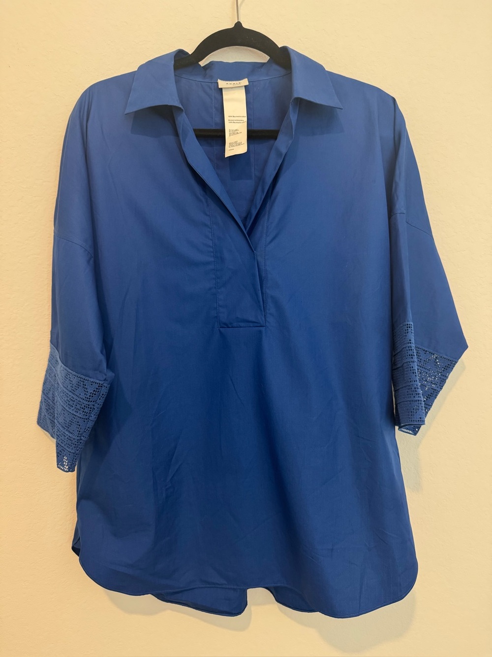 Akris Punto Vibrant Blue Tunic Lace Trim 3/4 Sleeve Blouse Top